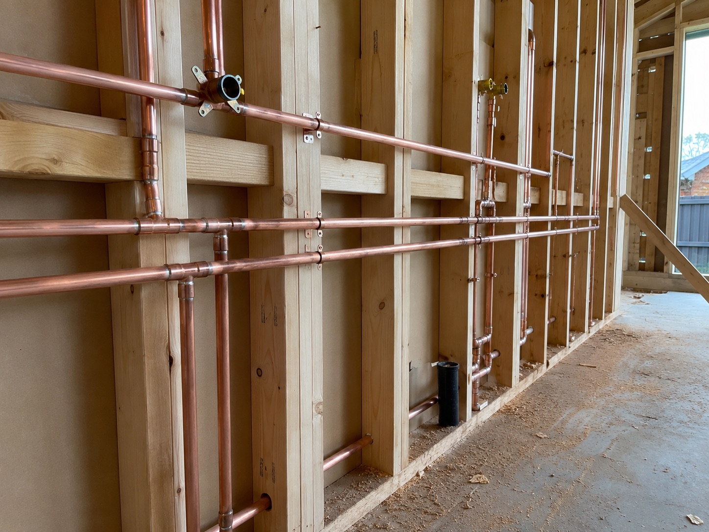 Neat copper rough-in pipework fixed to timber framing